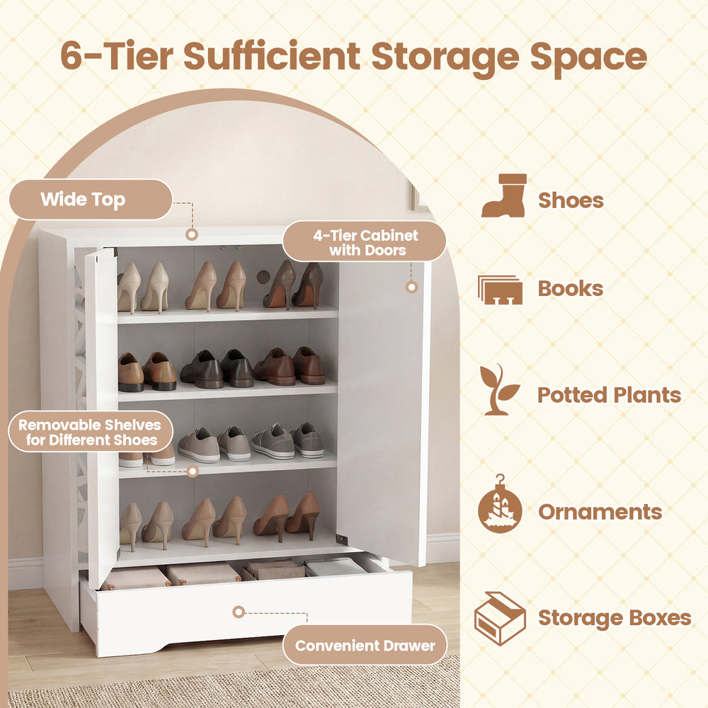 Mirrored 4-tier shoe cabinet with removable shelves and large drawer, perfect for stylish shoe storage in entryways.