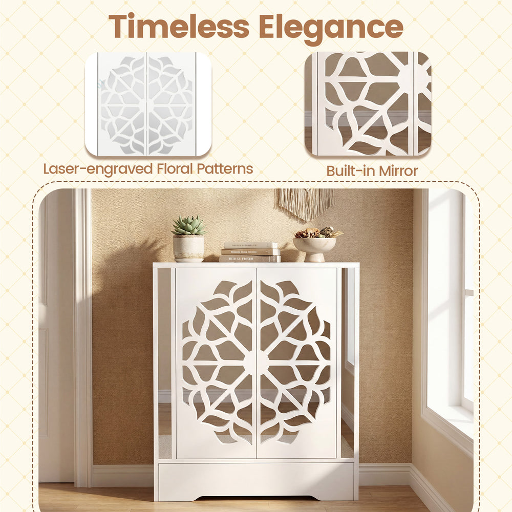 Mirrored shoe cabinet with hollow-carved doors, spacious 4-tier design, and large drawer for stylish shoe storage.
