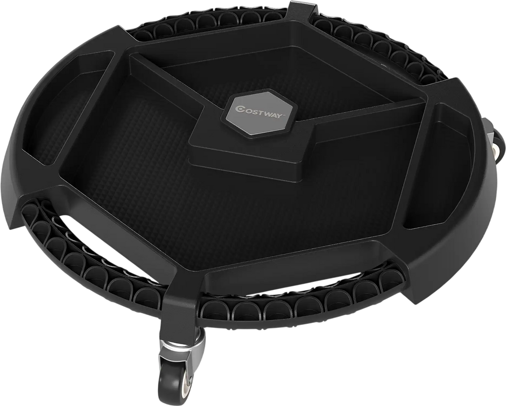 Mobile automotive tool creeper with a textured surface and four compartments, designed for easy access and organization.