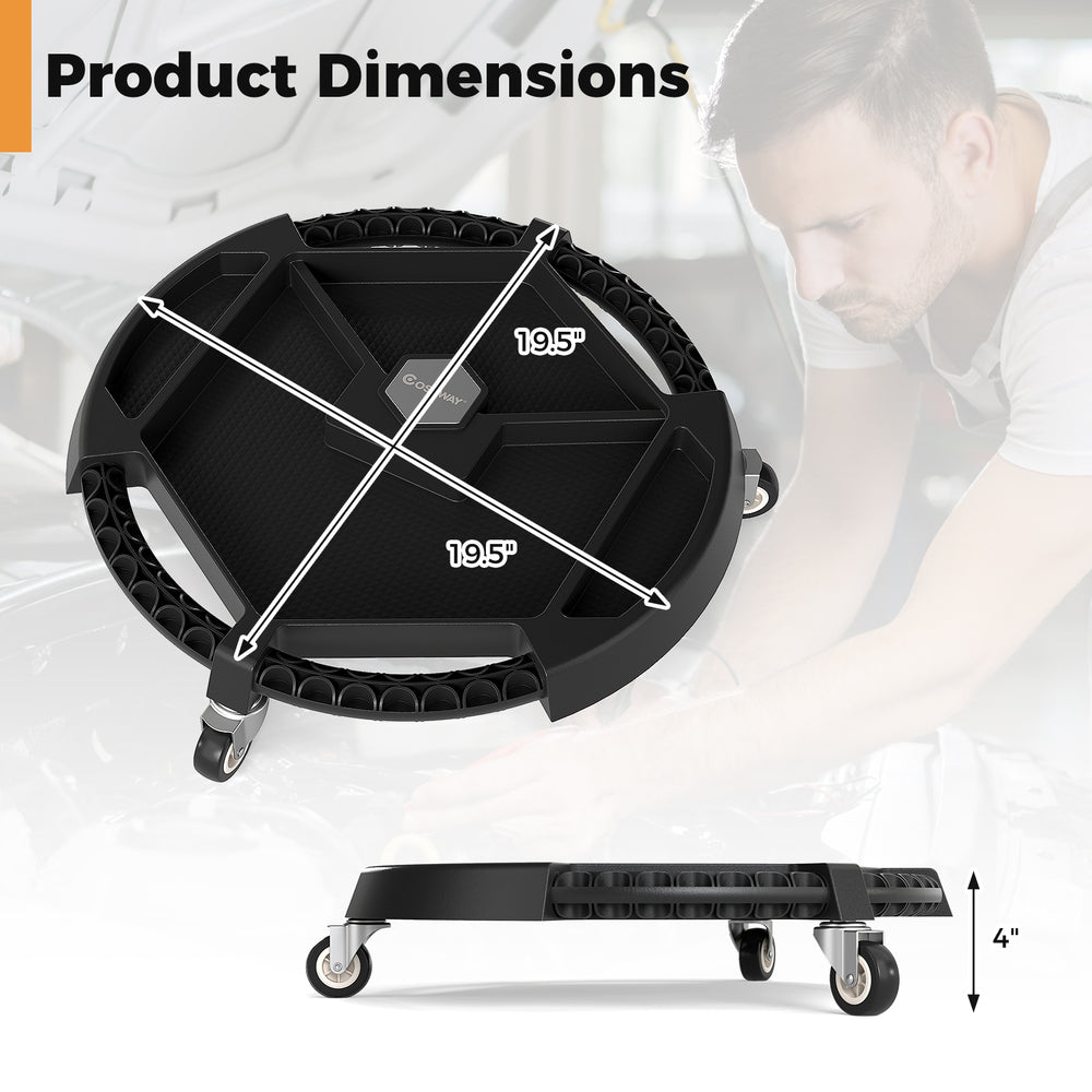 Mobile automotive tool creeper dimensions showing 19.5" width and 4" height, featuring 3 swivel casters for easy.