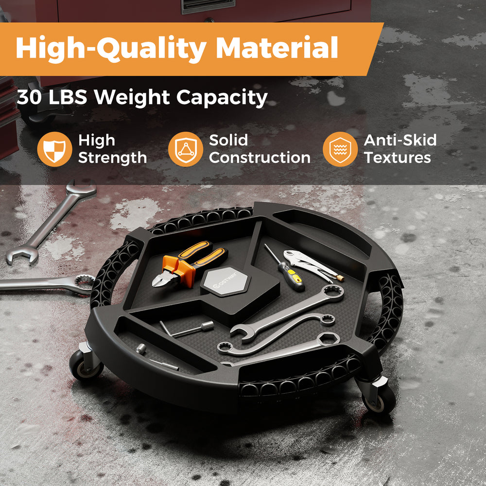 Mobile automotive tool creeper in black with 4 compartments and 360° swivel casters for easy mobility in workshops.