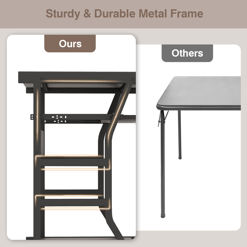 Close-up of the sturdy metal frame of the dark brown mobile computer desk, highlighting its robust construction and.