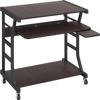 Mobile computer desk in dark brown with keyboard and mouse trays, featuring a bottom shelf and smooth rolling casters.