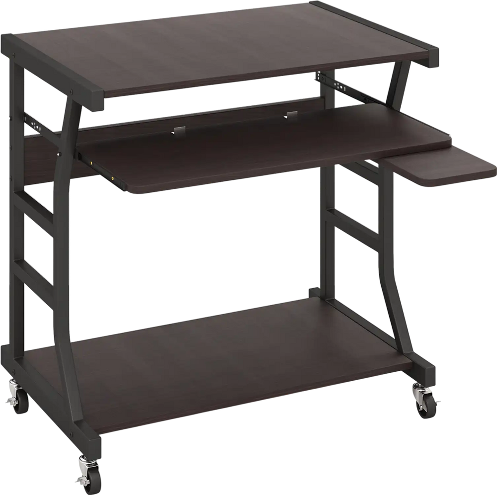 Mobile computer desk in dark brown with keyboard and mouse trays, featuring a bottom shelf and smooth rolling casters.