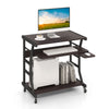 Dark brown mobile computer desk with a side view, showcasing the keyboard tray and bottom shelf for efficient storage.