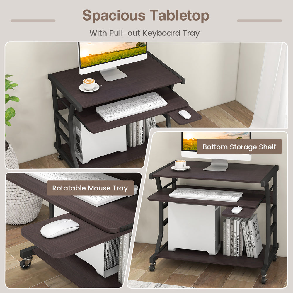 Mobile computer desk in dark brown with pull-out keyboard tray, rotatable mouse tray, and bottom storage shelf.
