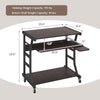 Mobile computer desk in dark brown with keyboard tray, mouse tray, and bottom shelf for versatile workspace solutions.