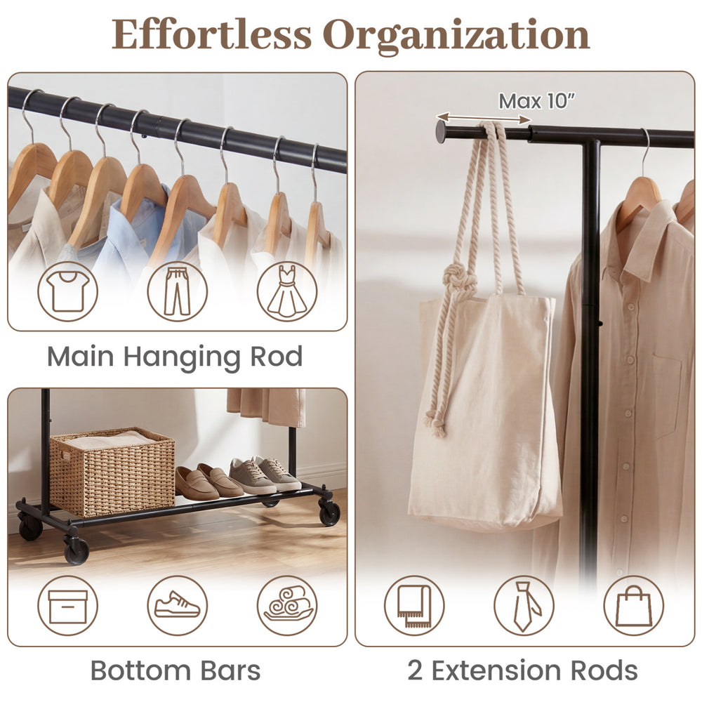 Mobile garment rack with extendable rods, heavy-duty metal frame, and wheels for easy organization in any room.