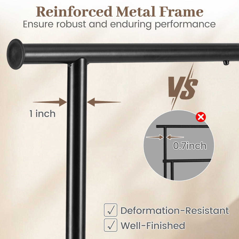 Close-up of the reinforced metal frame of a mobile garment rack, showcasing its 1-inch thick, deformation-resistant.