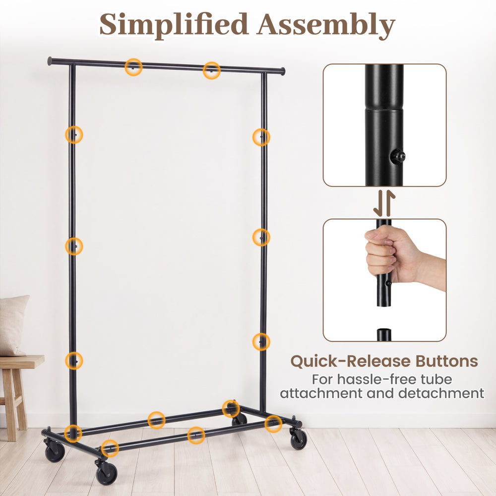 Mobile garment rack with extendable rods, heavy-duty metal frame, and swivel casters for easy mobility in any room.