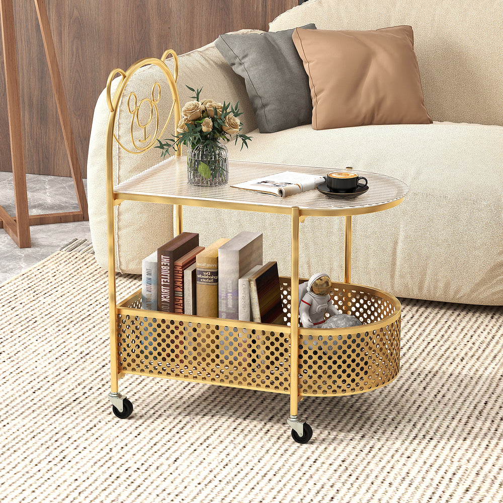 2-Tier Mobile Glass Coffee Table with Bear Pattern-Golden - Gallery View 1 of 10