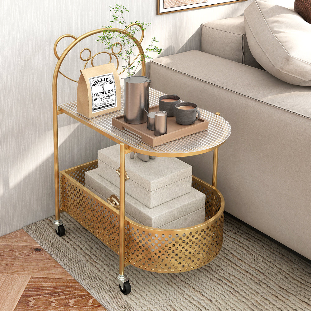 2-tier mobile coffee table with bear pattern, golden metal frame, tempered glass top, ideal for organizing living.