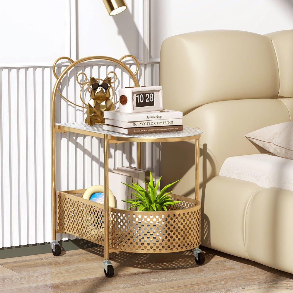 2-tier mobile coffee table with bear pattern, golden metal frame, tempered glass top, ideal for living room.