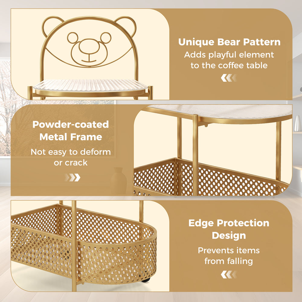 2-tier mobile coffee table with bear pattern, golden powder-coated metal frame, and tempered glass top for playful.