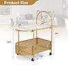 2-tier mobile coffee table with bear pattern, golden metal frame, tempered glass top, ideal for playful home.