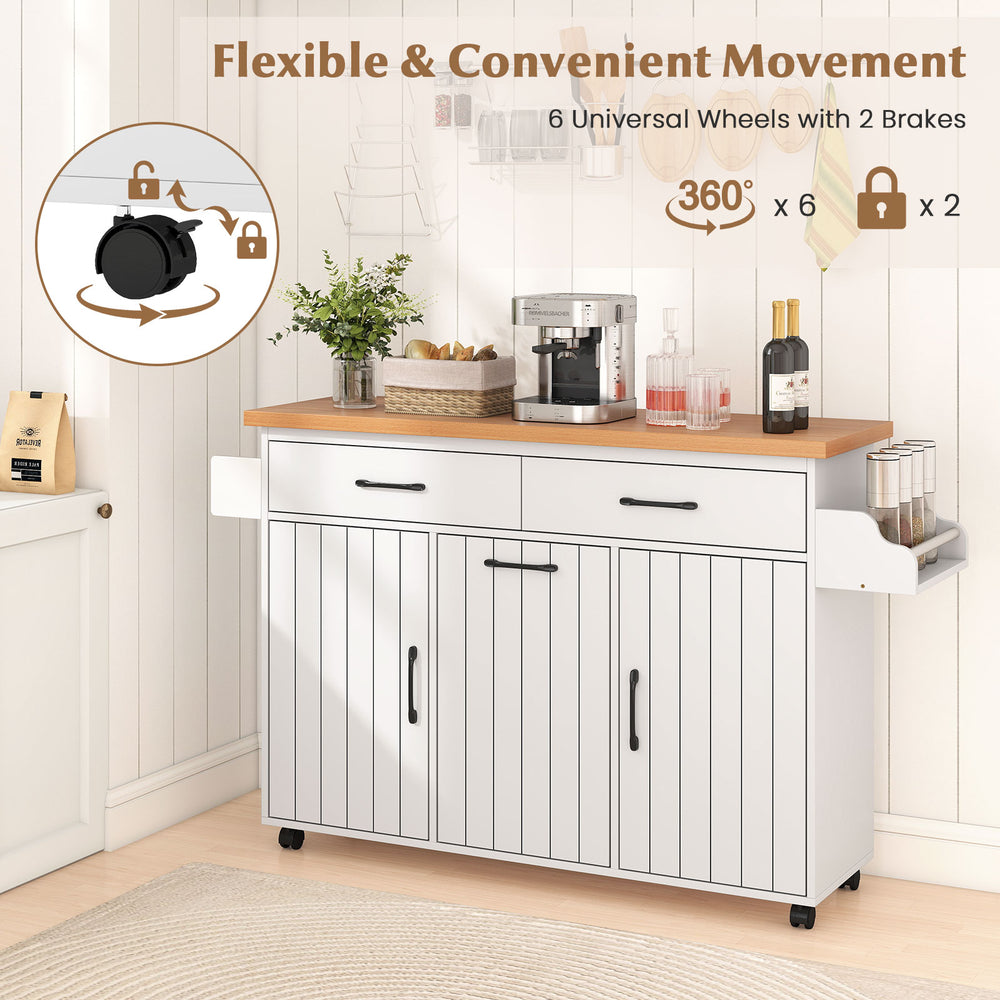 Mobile kitchen island table in white with 360° wheels, trash bag storage, and spacious prep area for dining rooms.