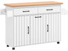 Mobile kitchen island table in white with a wood top, featuring storage cabinets, drawers, and wheels for easy movement.