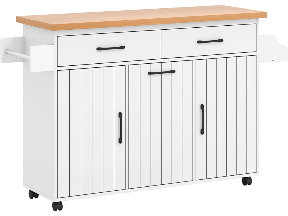 Mobile kitchen island table in white with a wood top, featuring storage cabinets, drawers, and wheels for easy movement.