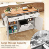 Mobile kitchen island table in white with spacious countertop, pull-out drawers, and trash bag storage for dining.