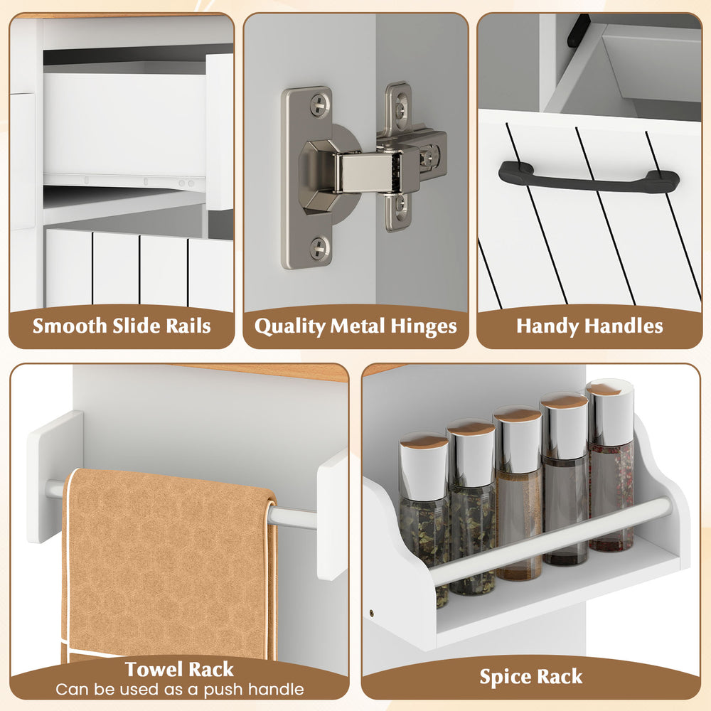 Close-up of the Mobile Kitchen Island's quality metal hinges and towel rack, showcasing its functional design for.