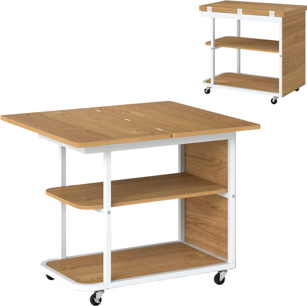 Mobile night stand with foldable swivel top and 2-tier shelf in natural finish, ideal for small spaces and easy.