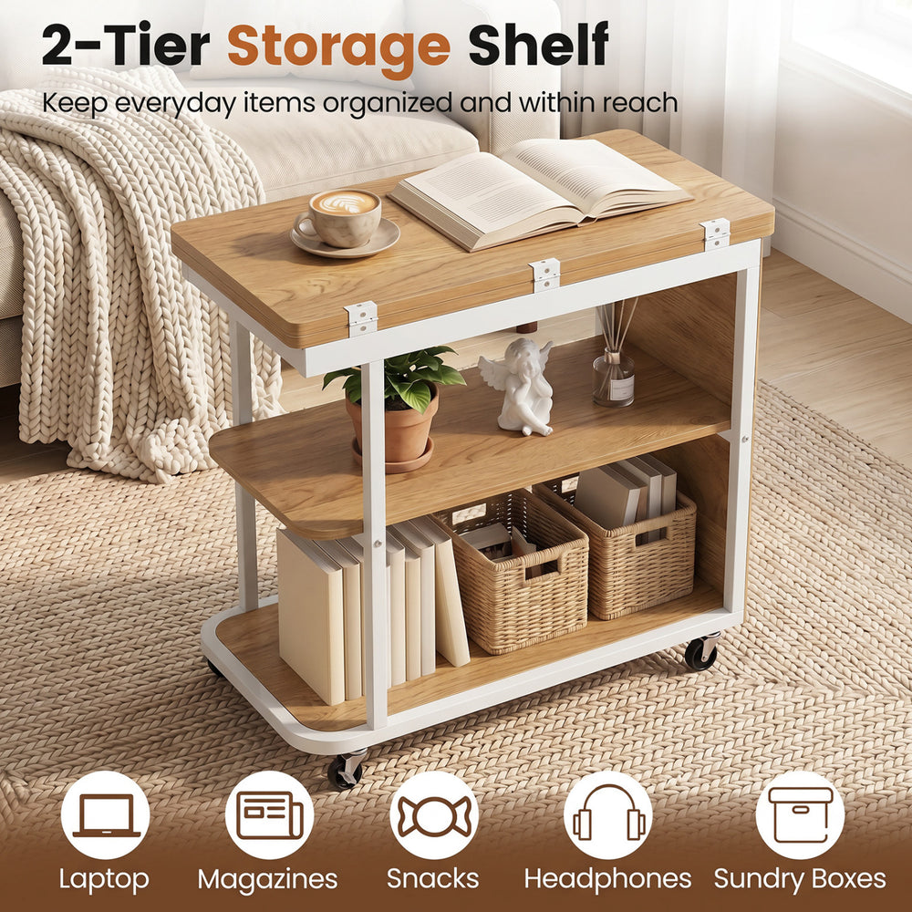 Mobile night stand with foldable swivel top and 2-tier shelf, featuring a natural finish and robust metal frame for.