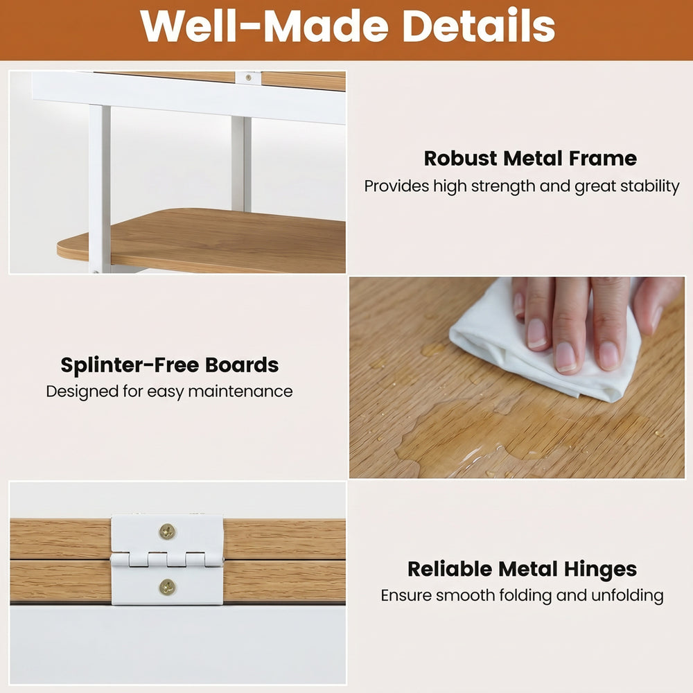 Mobile night stand with foldable swivel top, featuring a robust metal frame and splinter-free boards for easy.
