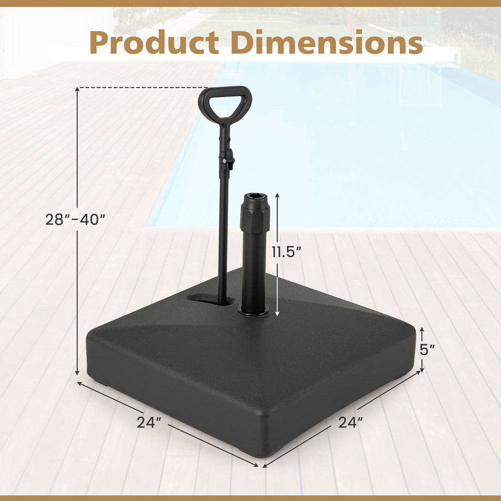 Mobile patio umbrella base with dimensions 24"x24"x5", designed for stability with sand or water fill, features 3.