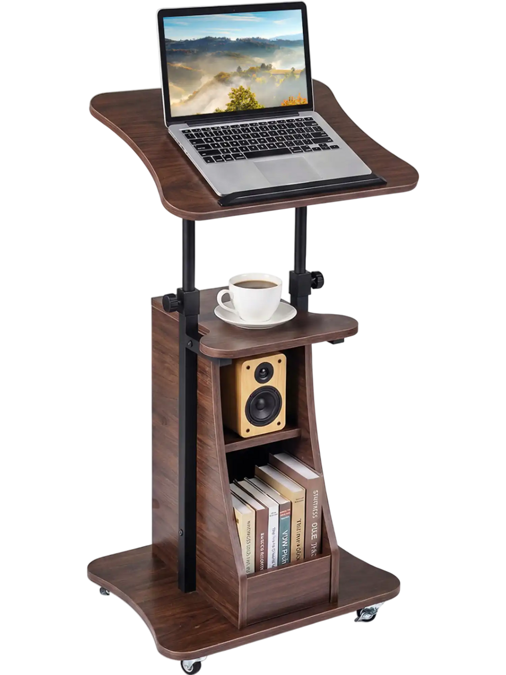 Height-adjustable mobile podium stand in brown with tilting tabletop, storage compartments, and wheels for easy.