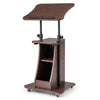 Mobile podium stand with tilting tabletop and open storage, featuring a sleek brown design and smooth-rolling casters.