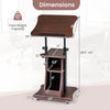 Dimensions chart of the height-adjustable mobile podium stand in brown, featuring tilting tabletop and storage.