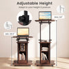 Height-adjustable mobile podium stand with tilting tabletop and storage compartments, perfect for versatile use.