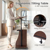 Height-adjustable mobile podium stand with tilting tabletop, brown finish, ideal for comfortable laptop use and storage.