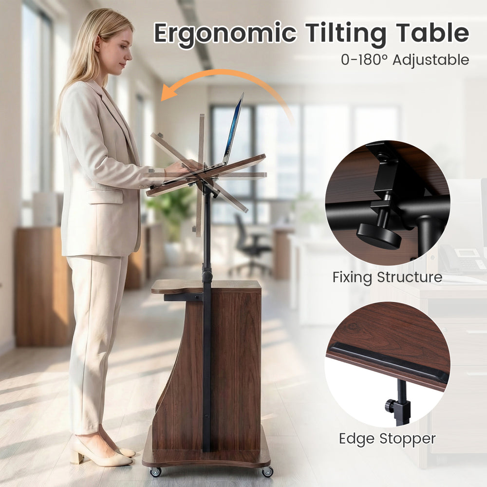 Height-adjustable mobile podium stand with tilting tabletop, brown finish, ideal for comfortable laptop use and storage.