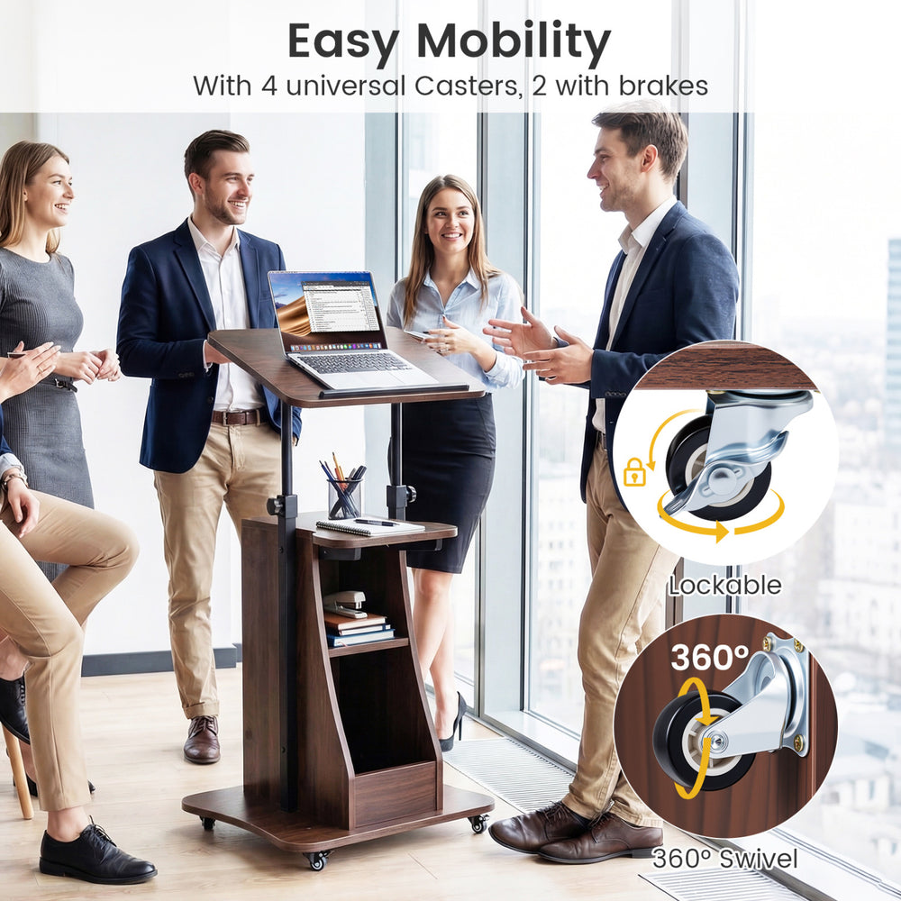 Height-adjustable mobile podium stand with tilting tabletop, storage compartments, and 4 casters for easy mobility.