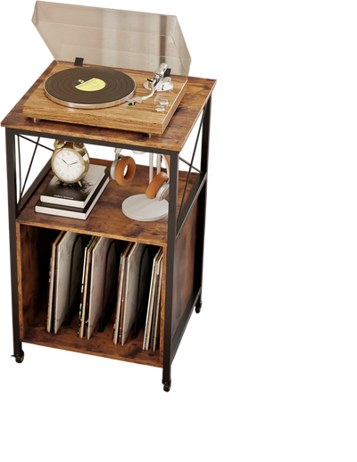 Costway Mobile Record Player Stand Power Outlet Open Shelf Dividers Rustic Brown 451823967 New