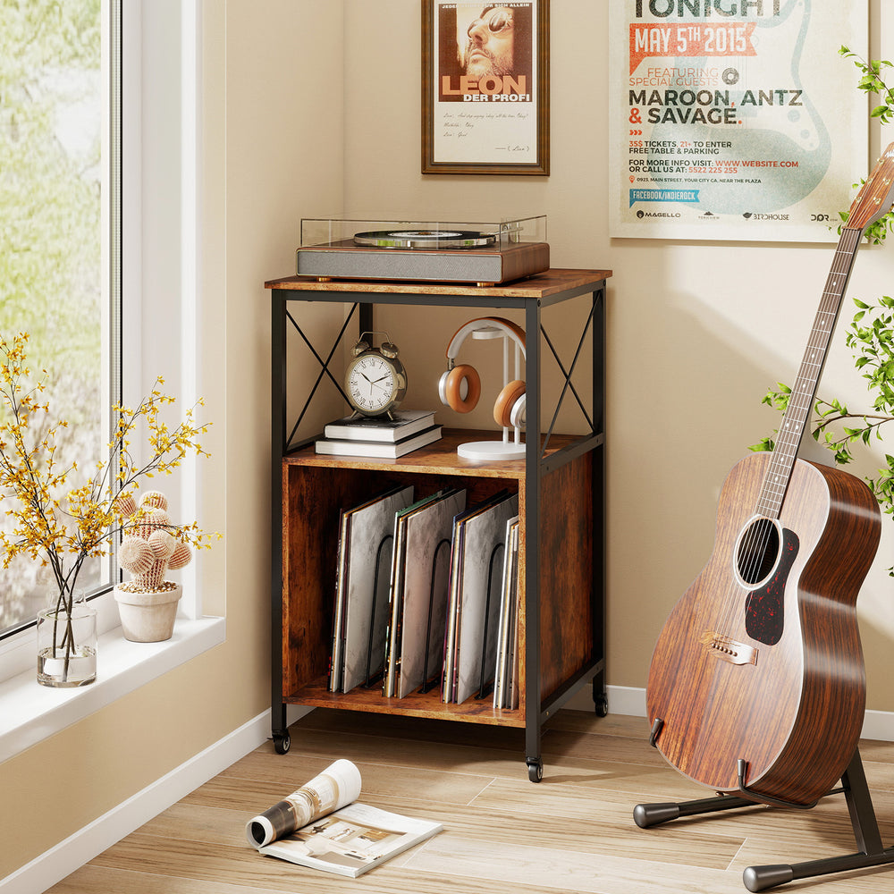 Mobile record player stand in rustic brown with open shelves, dividers, and power outlet for vinyl records and media.