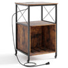 Mobile record player stand in rustic brown with open shelf, dividers, and power outlet, ideal for vinyl storage.