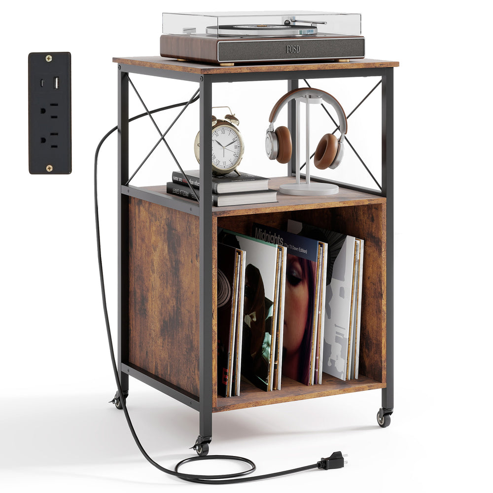 Mobile record player stand in rustic brown with open shelf, dividers, and power outlet, ideal for vinyl records and.