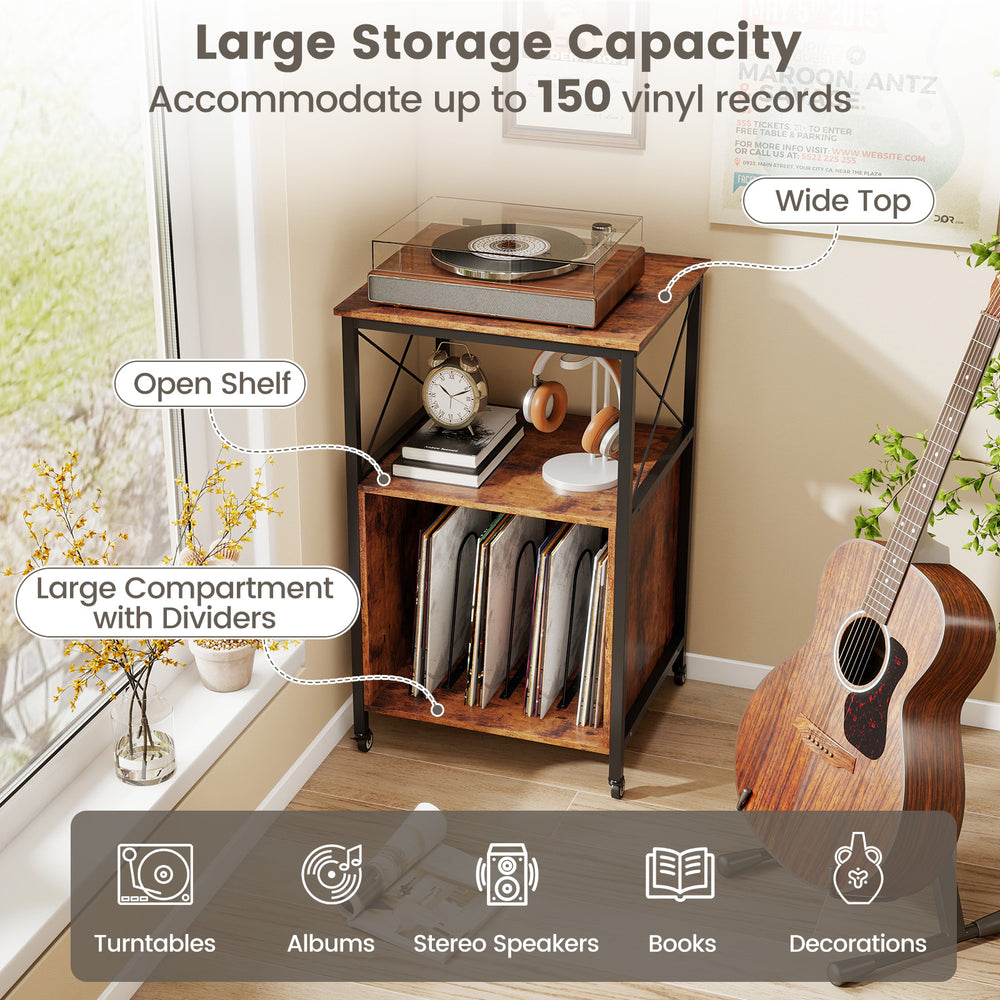 Mobile record player stand in rustic brown with open shelf, dividers, and large storage for up to 100 vinyl records.