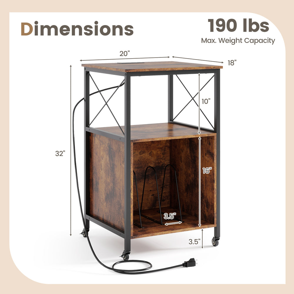 Mobile record player stand dimensions showcasing a rustic brown finish, suitable for vinyl records with a weight.