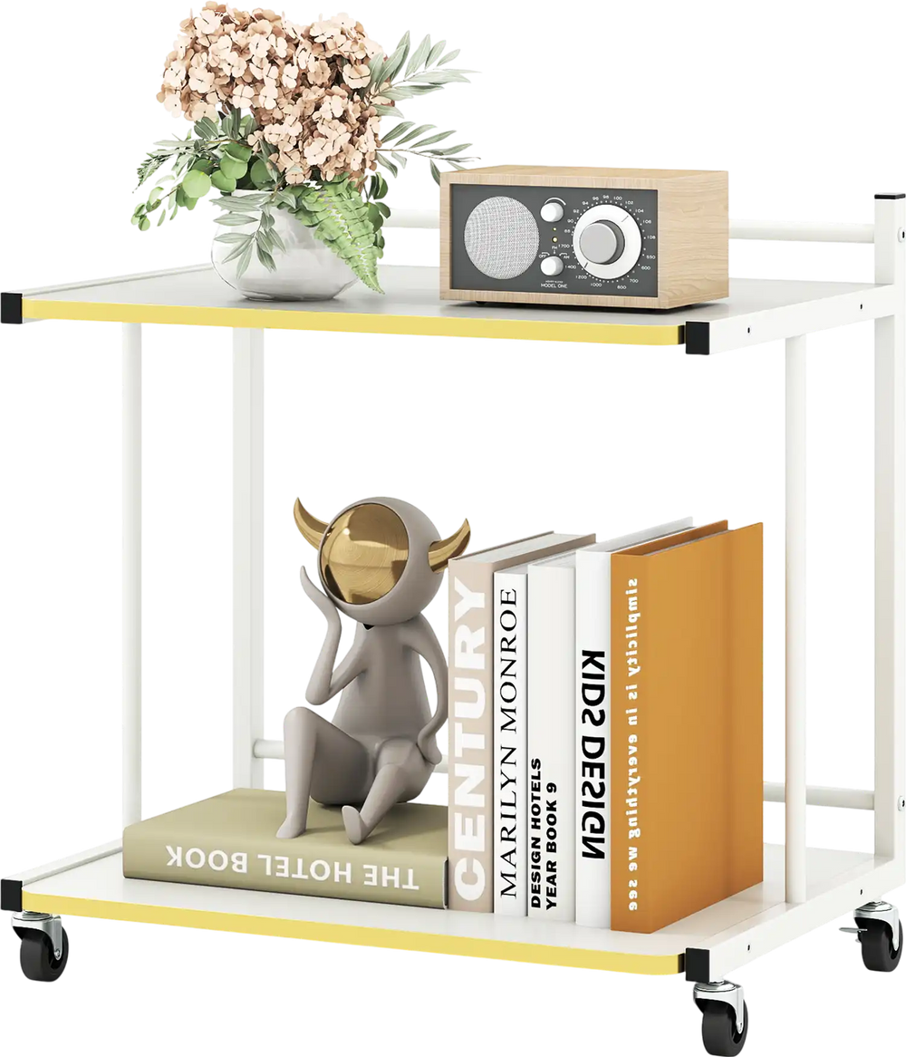 Mobile side table with open shelves, golden trimmed edges, and books, ideal for modern room decor and easy mobility.