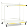 Mobile side table with golden trimmed edges, featuring 2-tier open shelves and wheels for easy mobility.