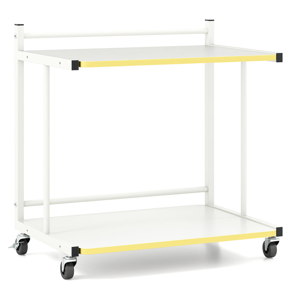 Mobile side table with golden trimmed edges, featuring 2-tier open shelves and wheels for easy mobility.