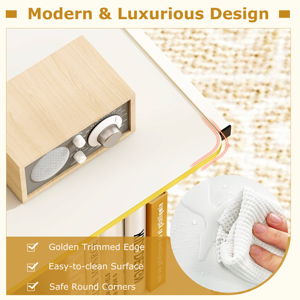 Mobile side table with golden trimmed edges, featuring open shelves and easy-to-clean surface for modern decor.