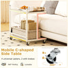 Mobile C-shaped side table with golden trimmed edges, featuring 2-tier storage and 360° rolling casters for easy.