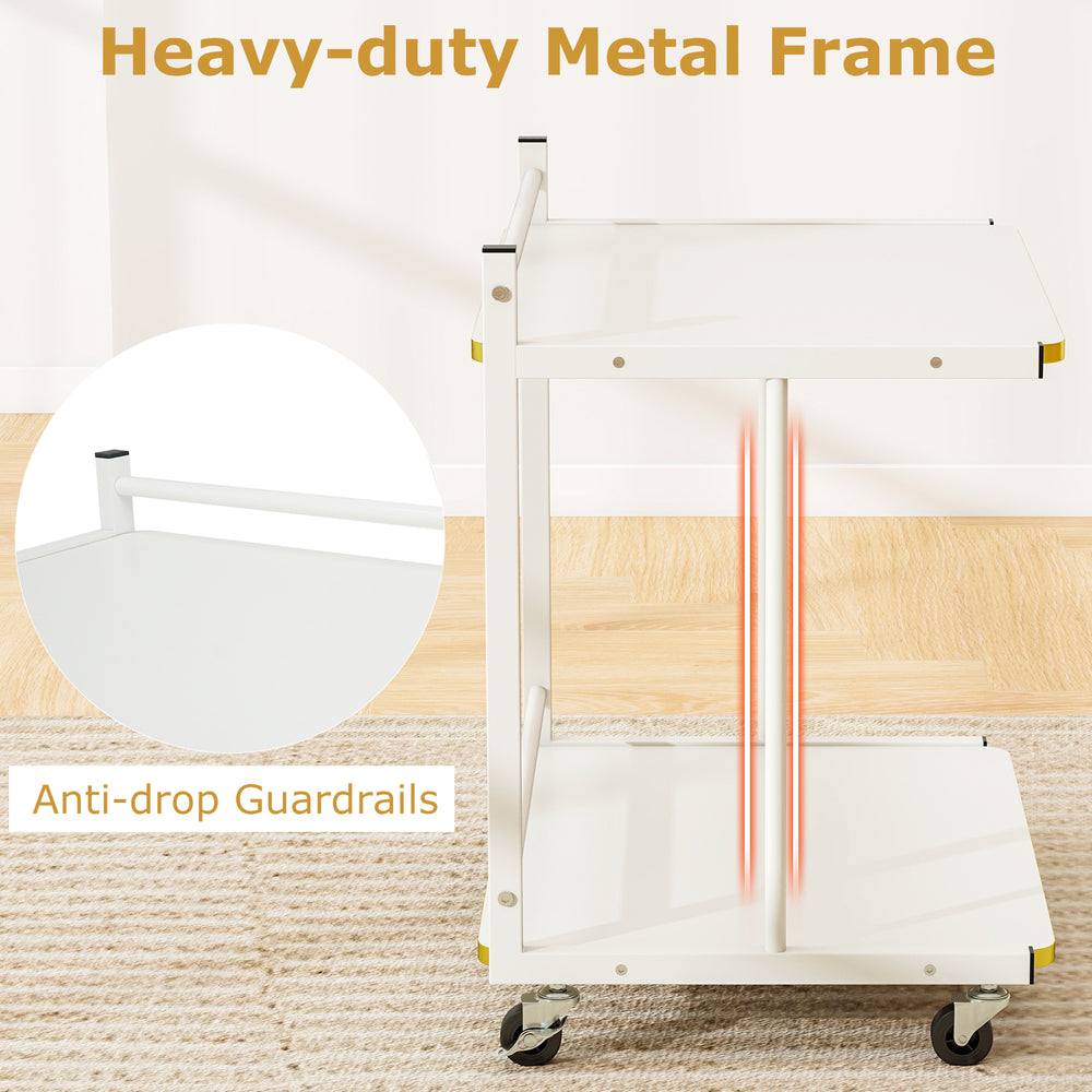Mobile side table with 2-tier storage, golden trimmed edges, and anti-drop guardrails for safety and elegance.
