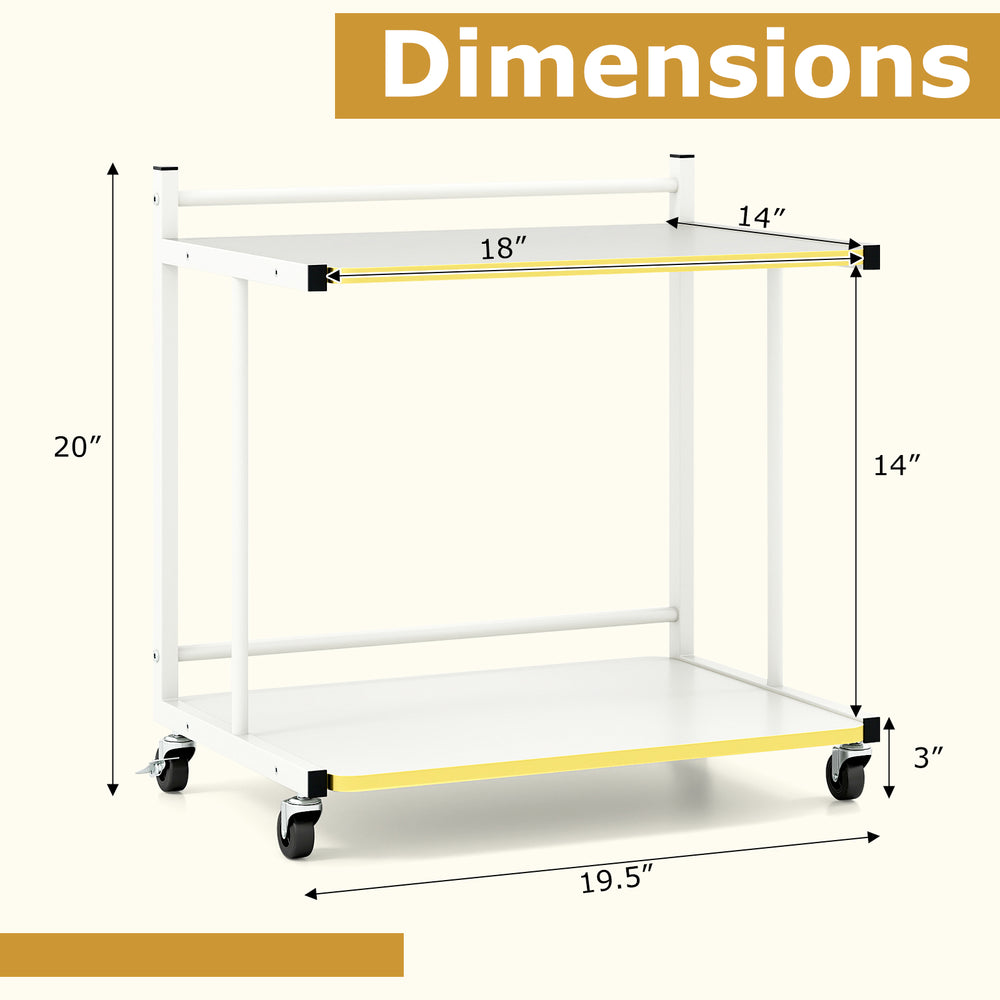 Mobile side table dimensions with golden trimmed edges, featuring 2-tier shelves and rolling casters for easy mobility.