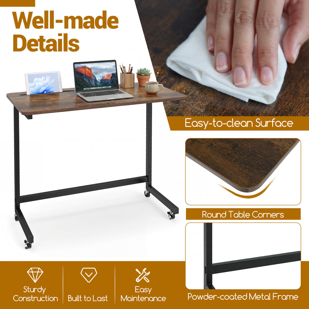 Mobile side table rolling laptop desk cart in rustic brown with easy-to-clean surface and tablet slot for versatile use.