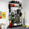 Mobile sports equipment organizer in black, featuring storage for golf bags, balls, and shoes, ideal for garage or.